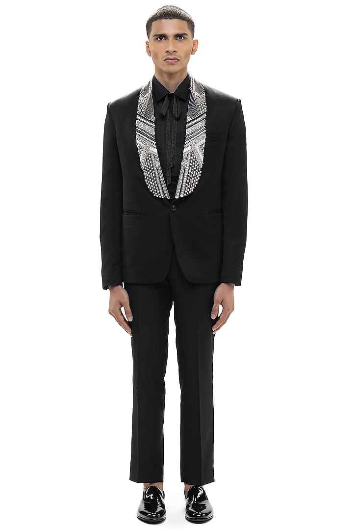 Black Worsted Wool Embroidered Tuxedo Set by SDS by KUSHAL SHAH at Pernia's Pop Up Shop