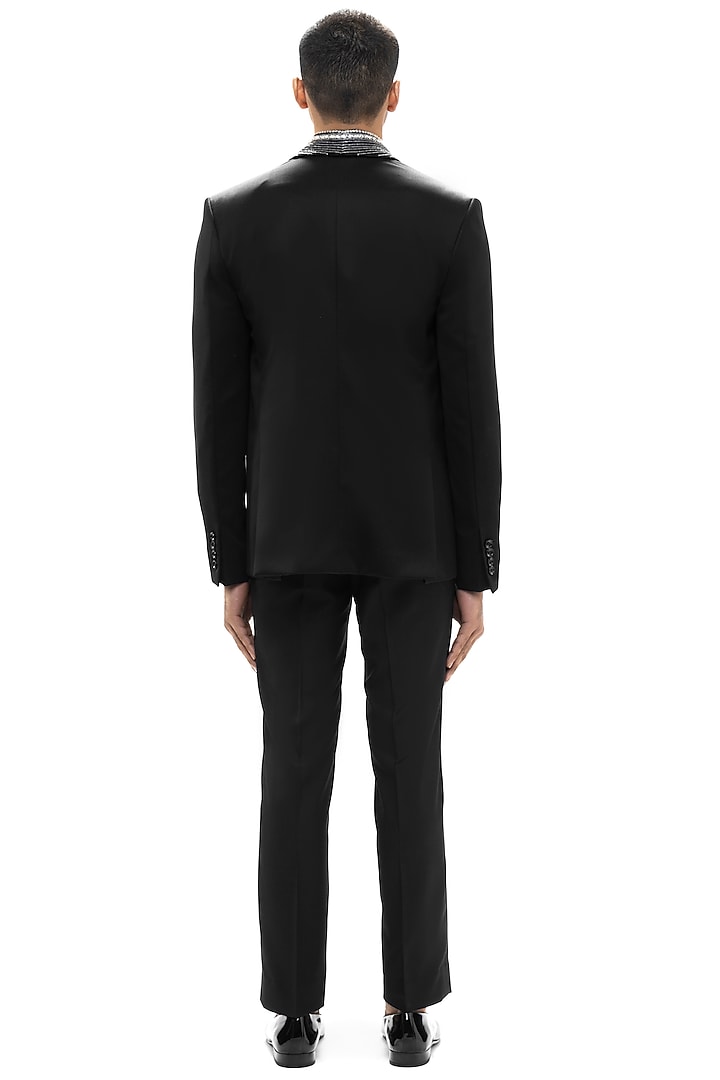 Black Worsted Wool Embroidered Tuxedo Set by SDS by KUSHAL SHAH at Pernia's Pop Up Shop
