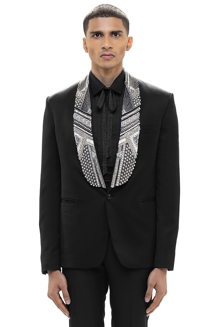 Black Worsted Wool Embroidered Tuxedo Set by SDS by KUSHAL SHAH at Pernia's Pop Up Shop