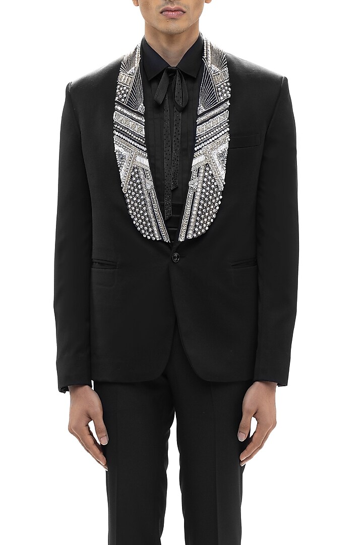 Black Worsted Wool Embroidered Tuxedo Set by SDS by KUSHAL SHAH at Pernia's Pop Up Shop