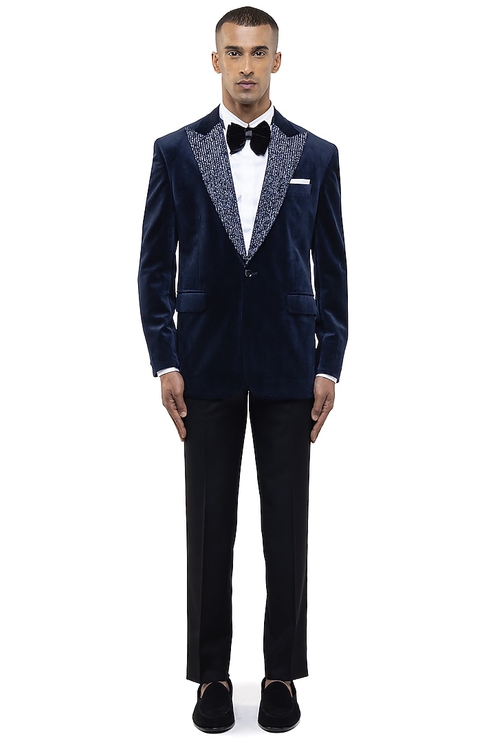 Navy Blue Velvet Embroidered Tuxedo Set by SDS by KUSHAL SHAH at Pernia's Pop Up Shop