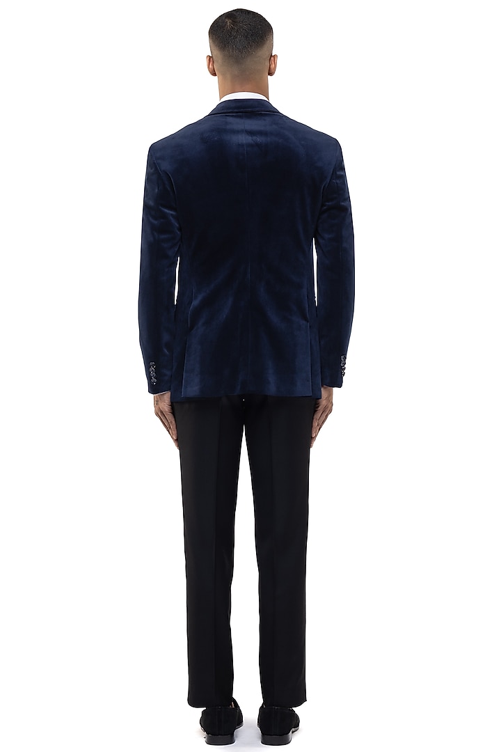 Navy Blue Velvet Embroidered Tuxedo Set by SDS by KUSHAL SHAH at Pernia's Pop Up Shop