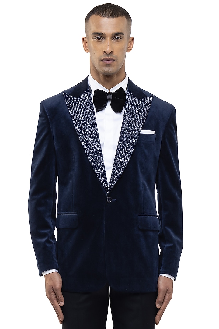 Navy Blue Velvet Embroidered Tuxedo Set by SDS by KUSHAL SHAH at Pernia's Pop Up Shop