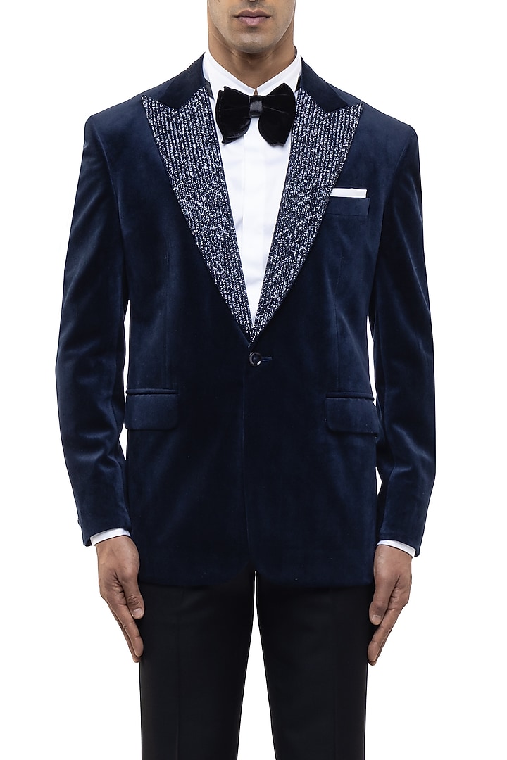 Navy Blue Velvet Embroidered Tuxedo Set by SDS by KUSHAL SHAH at Pernia's Pop Up Shop
