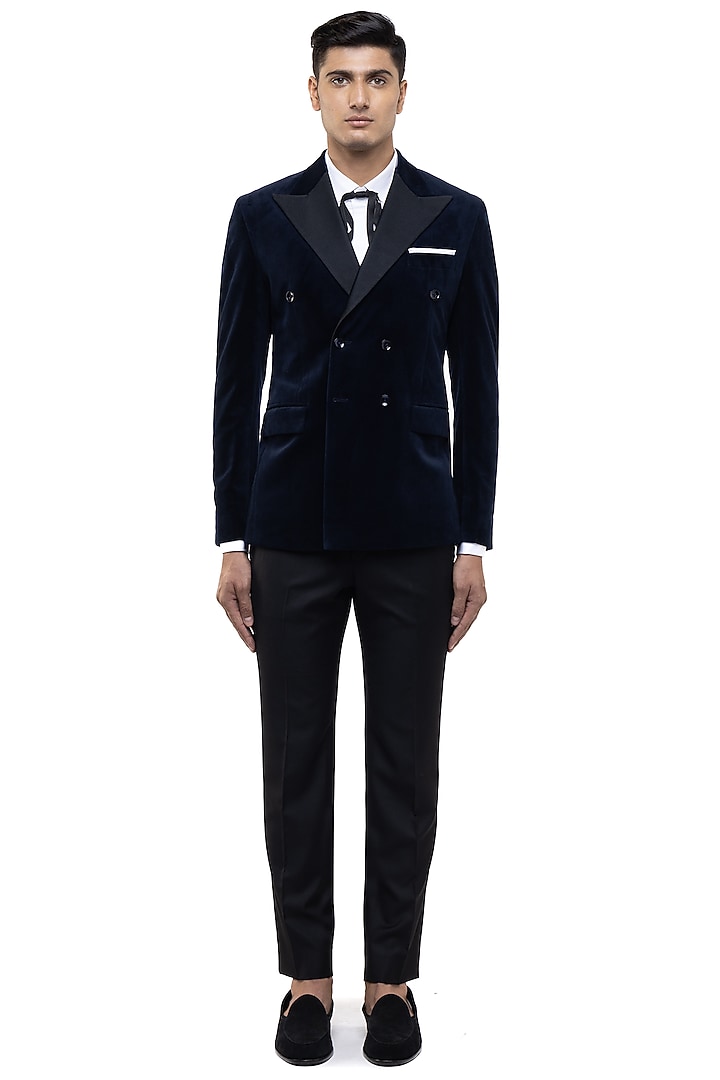 Navy Blue Velvet Tuxedo Set by SDS by KUSHAL SHAH at Pernia's Pop Up Shop
