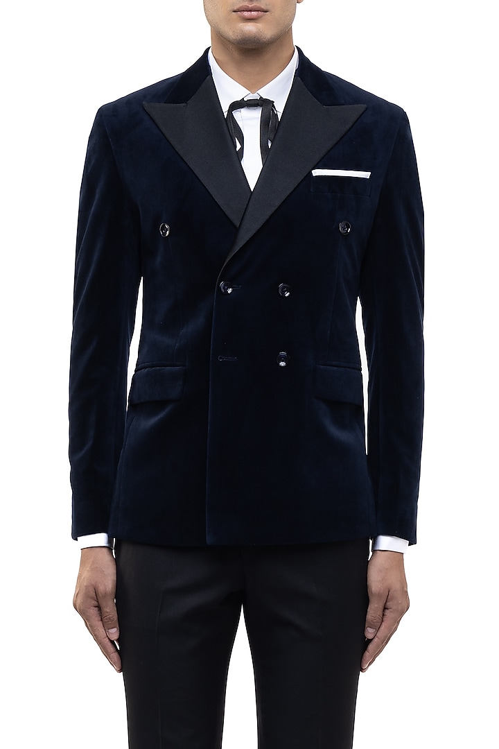 Navy Blue Velvet Tuxedo Set by SDS by KUSHAL SHAH at Pernia's Pop Up Shop