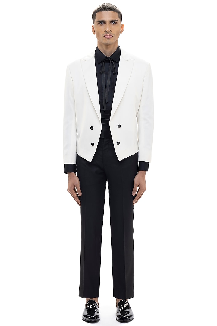 White Worsted Wool Tuxedo Set by SDS by KUSHAL SHAH at Pernia's Pop Up Shop