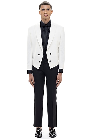 White Worsted Wool Tuxedo Set by SDS by KUSHAL SHAH