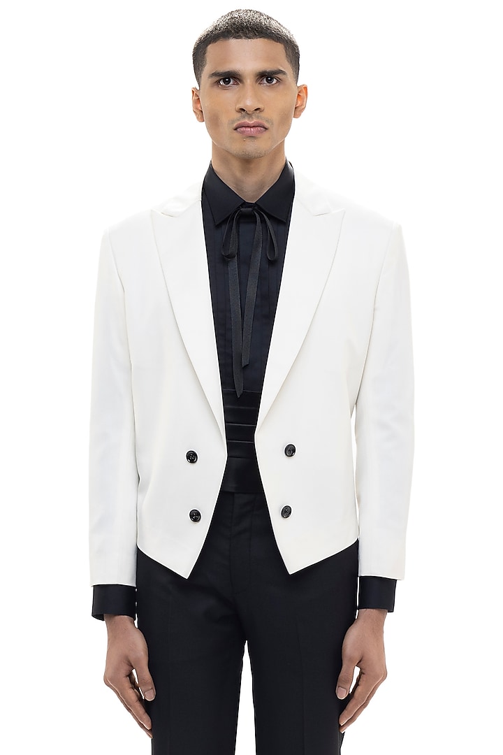 White Worsted Wool Tuxedo Set by SDS by KUSHAL SHAH at Pernia's Pop Up Shop