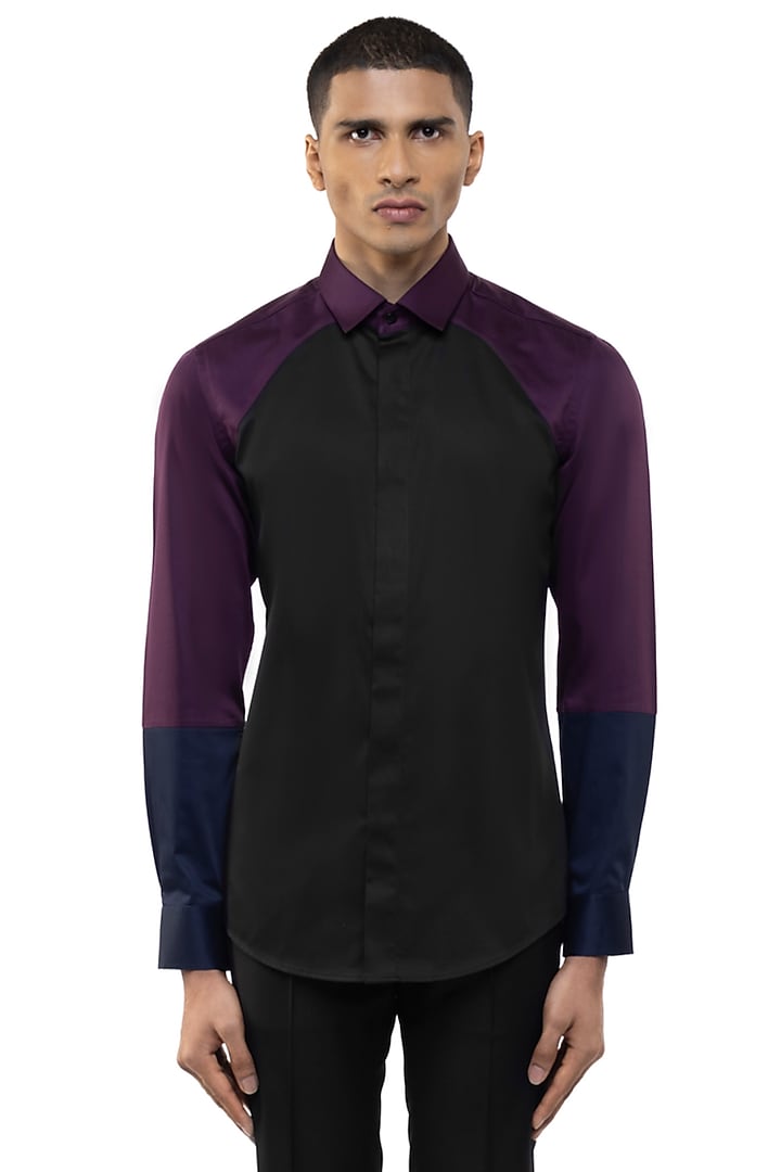 Black & Navy Blue Giza Cotton Party Wear Shirt by SDS by KUSHAL SHAH at Pernia's Pop Up Shop