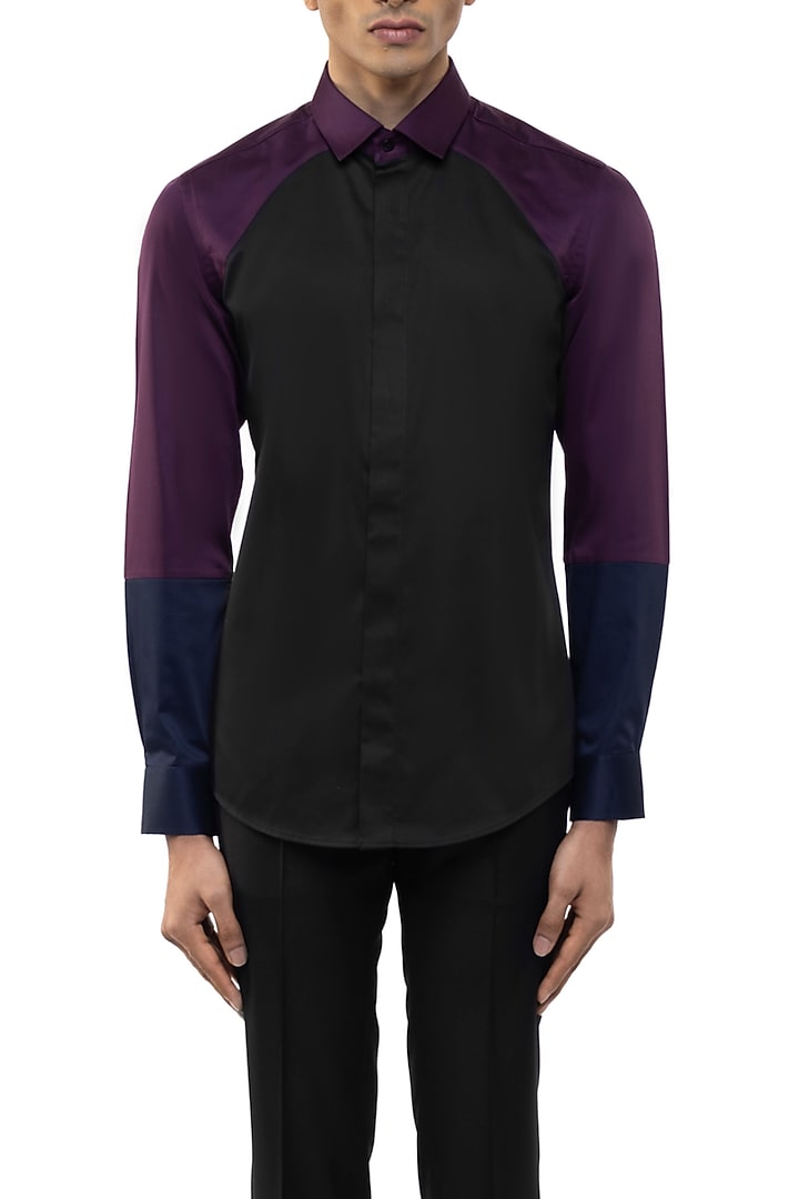 Black & Navy Blue Giza Cotton Party Wear Shirt by SDS by KUSHAL SHAH at Pernia's Pop Up Shop