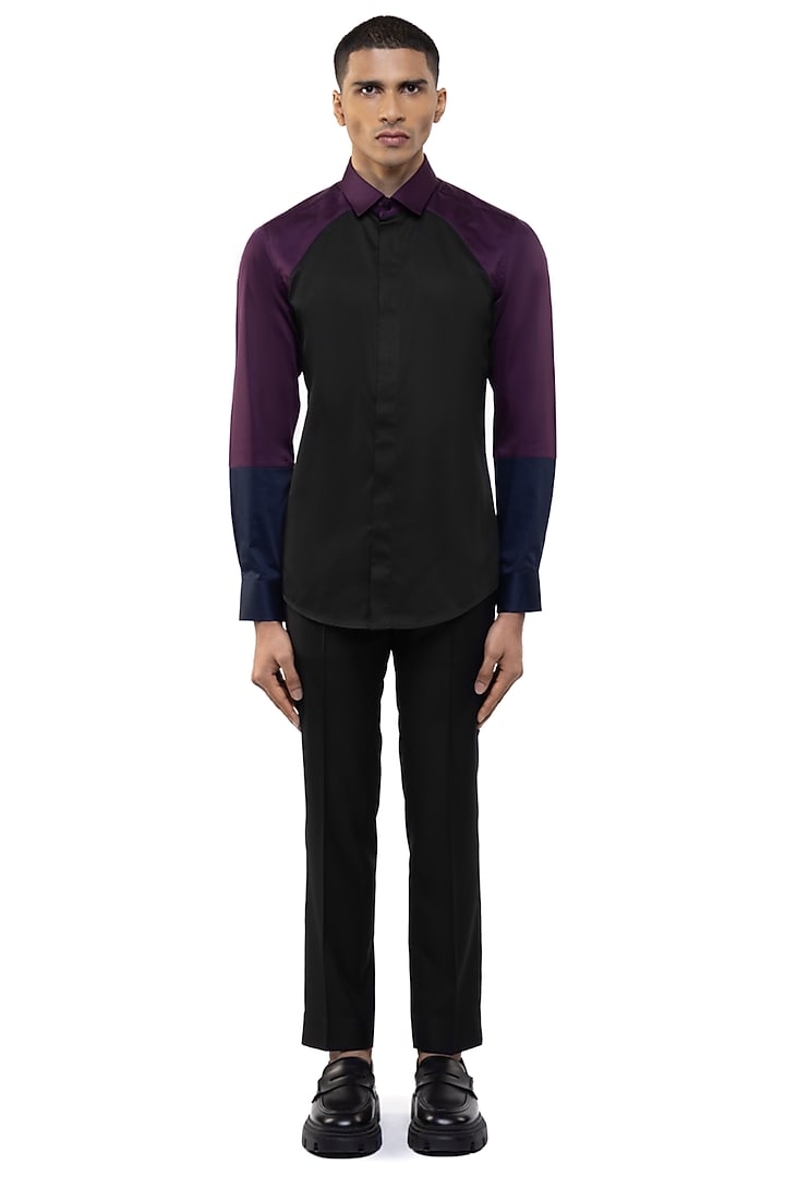 Black & Navy Blue Giza Cotton Party Wear Shirt by SDS by KUSHAL SHAH at Pernia's Pop Up Shop