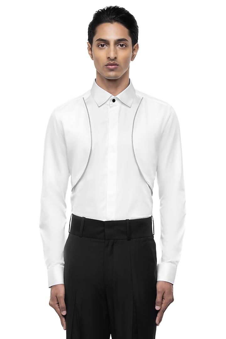 White Giza Cotton Party Wear Shirt by SDS by KUSHAL SHAH at Pernia's Pop Up Shop