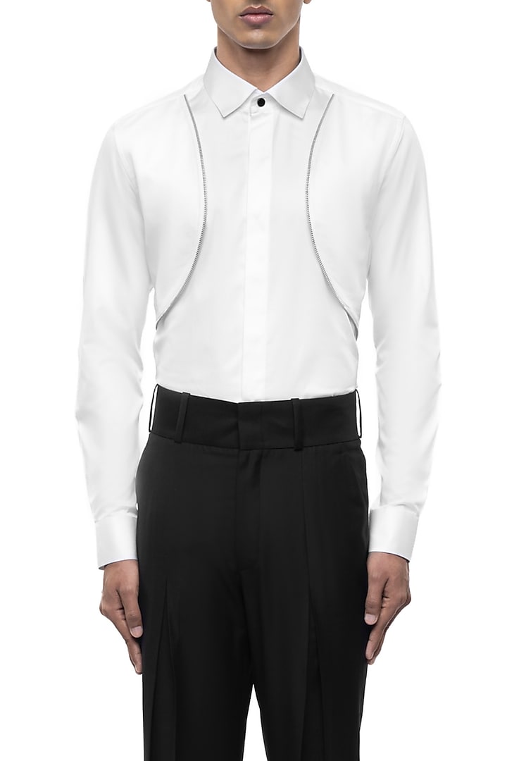White Giza Cotton Party Wear Shirt by SDS by KUSHAL SHAH at Pernia's Pop Up Shop