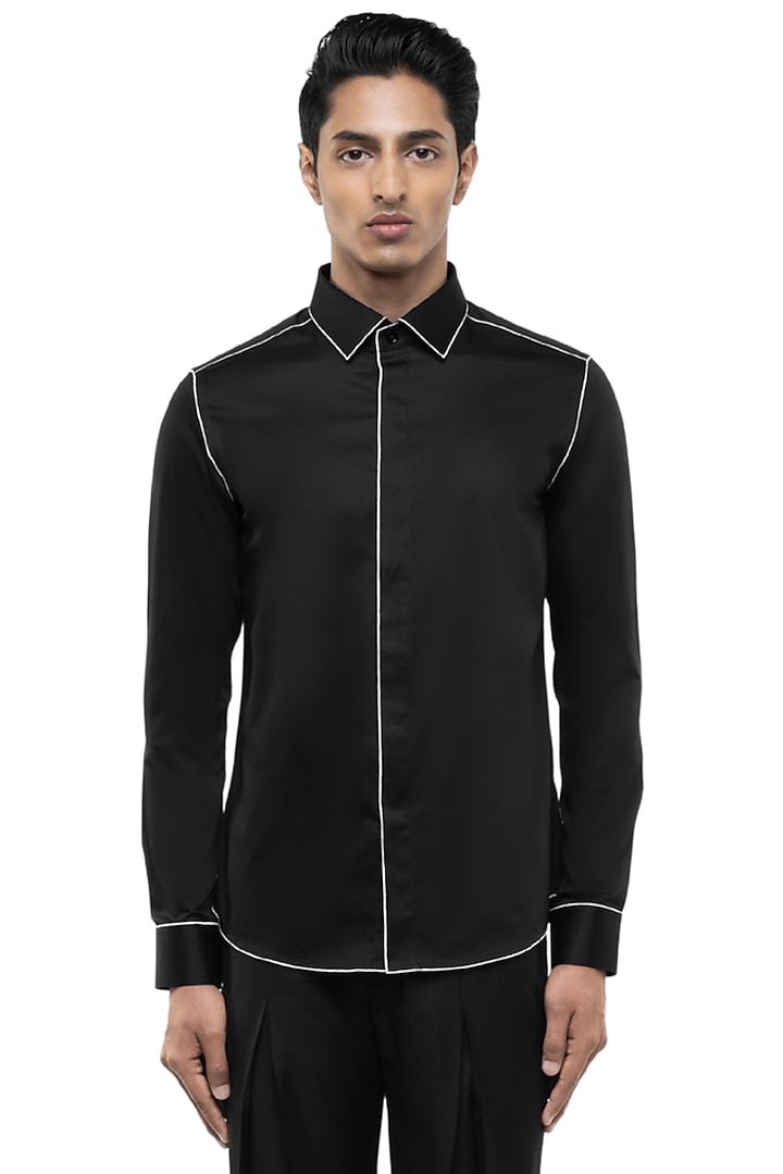 Black Giza Cotton Party Wear Shirt by SDS by KUSHAL SHAH at Pernia's Pop Up Shop