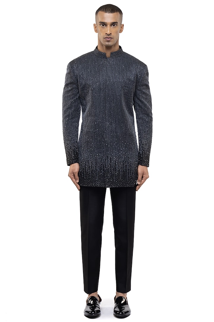 Black Silk Embellished Groom Bandhgala Set by SDS by KUSHAL SHAH at Pernia's Pop Up Shop