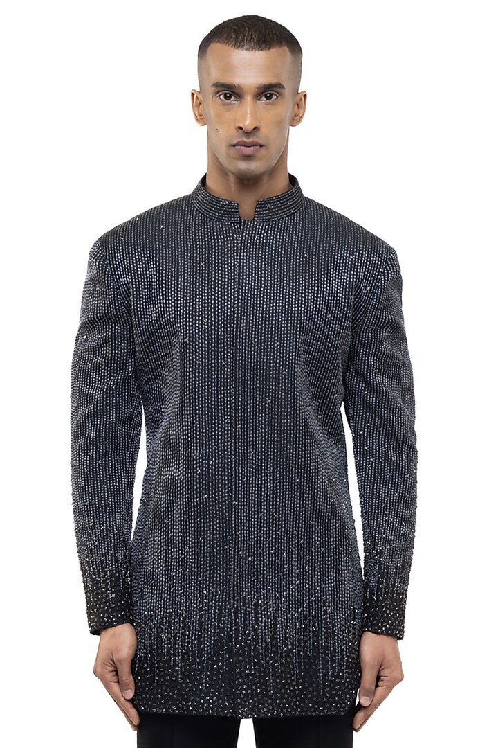 Black Silk Embellished Groom Bandhgala Set by SDS by KUSHAL SHAH at Pernia's Pop Up Shop