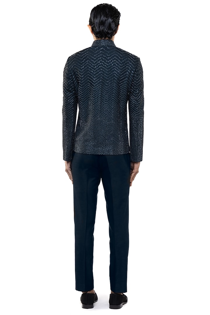Navy Blue Silk Embellished Groom Bandhgala Set by SDS by KUSHAL SHAH at Pernia's Pop Up Shop