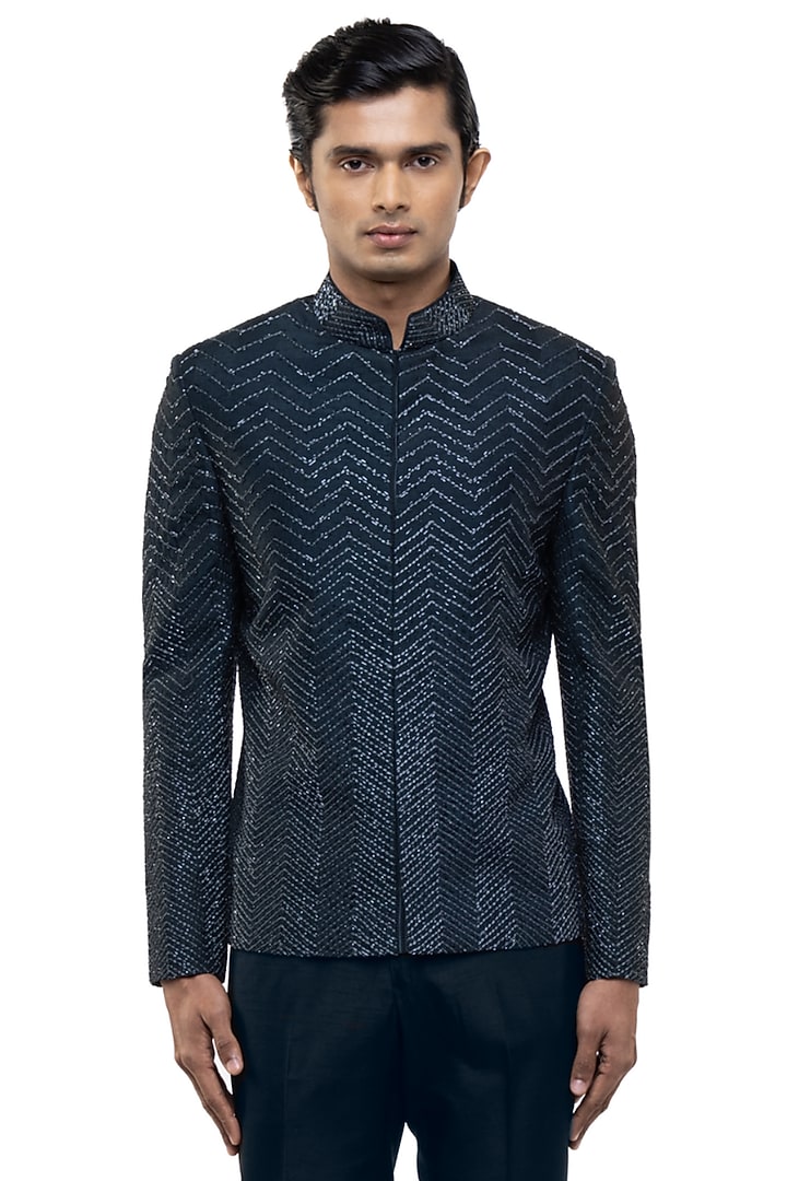 Navy Blue Silk Embellished Groom Bandhgala Set by SDS by KUSHAL SHAH at Pernia's Pop Up Shop