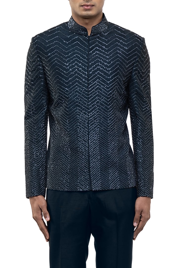 Navy Blue Silk Embellished Groom Bandhgala Set by SDS by KUSHAL SHAH at Pernia's Pop Up Shop