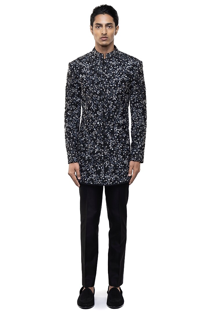 Black Silk Floral Hand Embroidered Groom Sherwani Set by SDS by KUSHAL SHAH at Pernia's Pop Up Shop