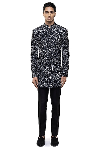Black Silk Floral Hand Embroidered Sherwani Set by SDS by KUSHAL SHAH