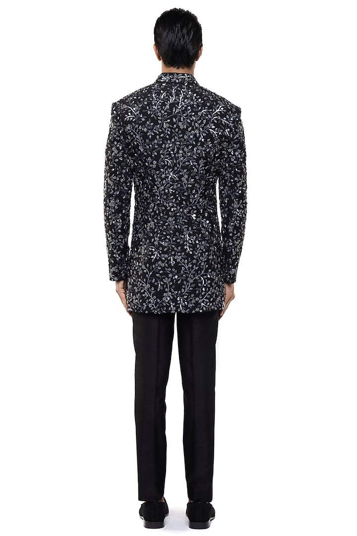 Black Silk Floral Hand Embroidered Groom Sherwani Set by SDS by KUSHAL SHAH at Pernia's Pop Up Shop