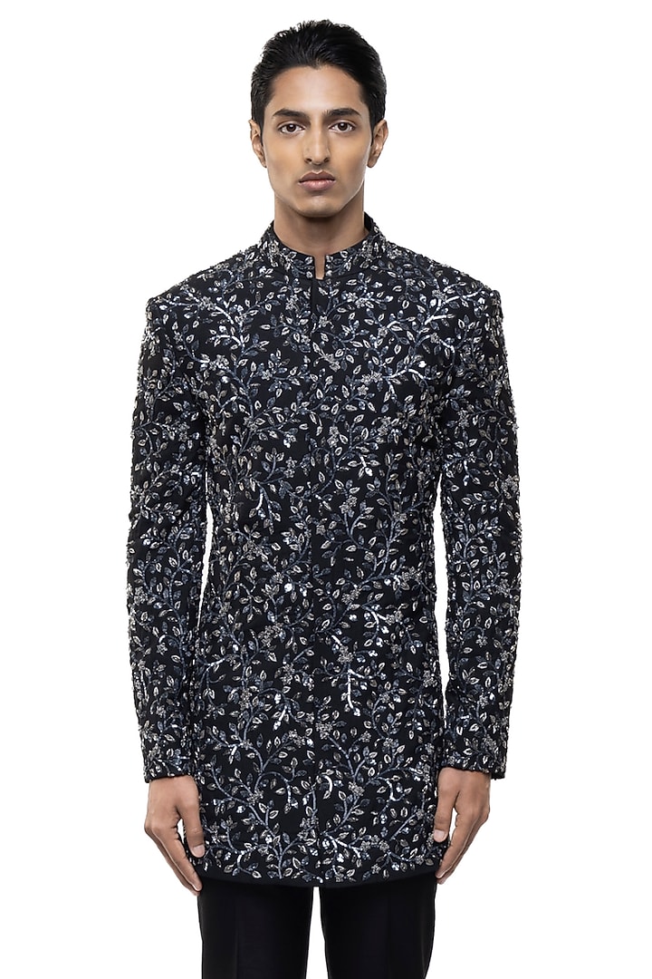 Black Silk Floral Hand Embroidered Groom Sherwani Set by SDS by KUSHAL SHAH at Pernia's Pop Up Shop