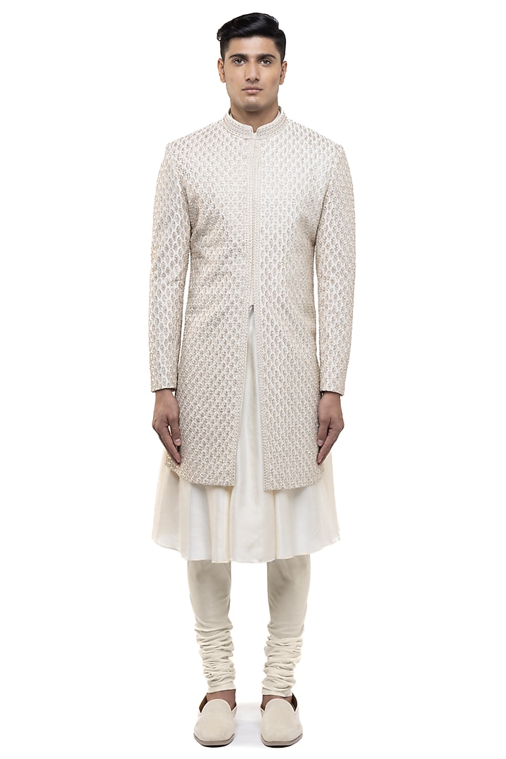 Champagne Silk Thread Work Groom Sherwani Set by SDS by KUSHAL SHAH at Pernia's Pop Up Shop