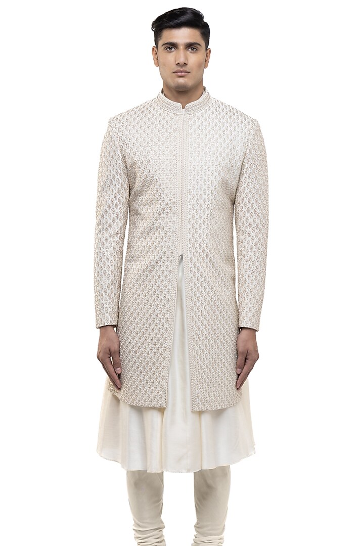 Champagne Silk Thread Work Groom Sherwani Set by SDS by KUSHAL SHAH at Pernia's Pop Up Shop