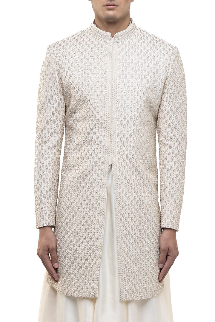 Champagne Silk Thread Work Groom Sherwani Set by SDS by KUSHAL SHAH at Pernia's Pop Up Shop