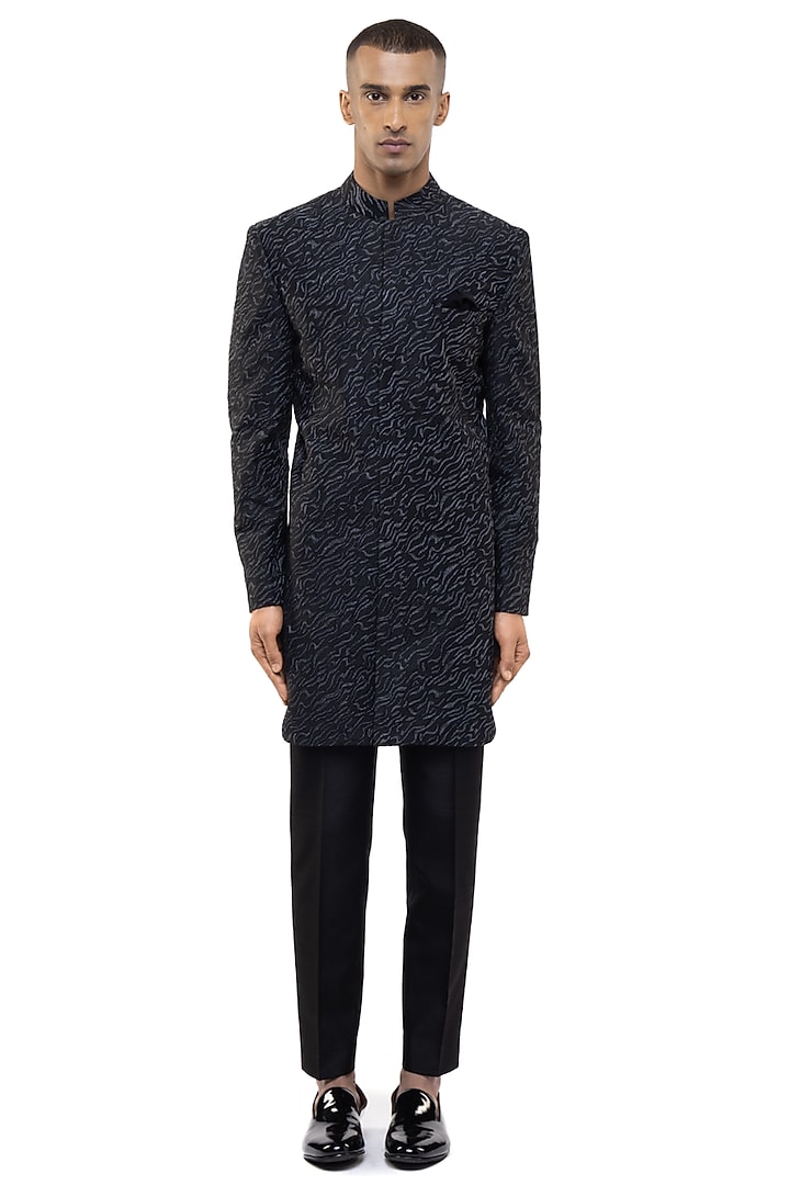 Black Silk Embroidered Groom Sherwani Set by SDS by KUSHAL SHAH at Pernia's Pop Up Shop