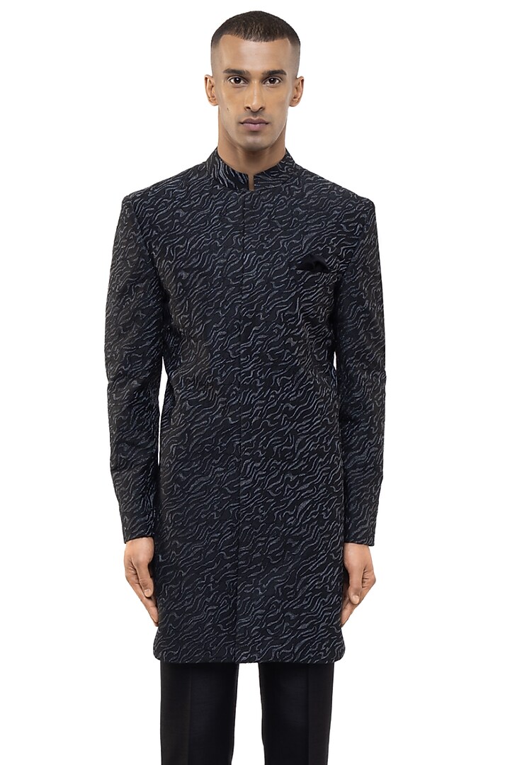 Black Silk Embroidered Groom Sherwani Set by SDS by KUSHAL SHAH at Pernia's Pop Up Shop