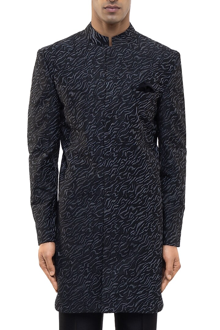 Black Silk Embroidered Groom Sherwani Set by SDS by KUSHAL SHAH at Pernia's Pop Up Shop