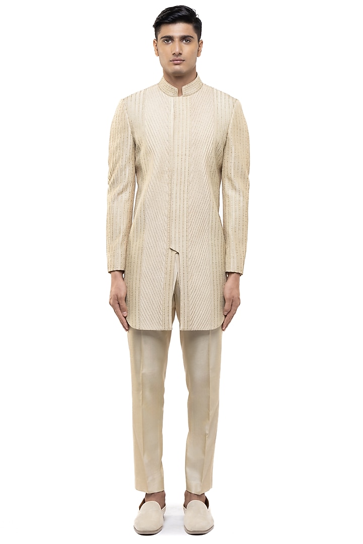 Beige Silk Embroidered Groom Sherwani Set by SDS by KUSHAL SHAH at Pernia's Pop Up Shop