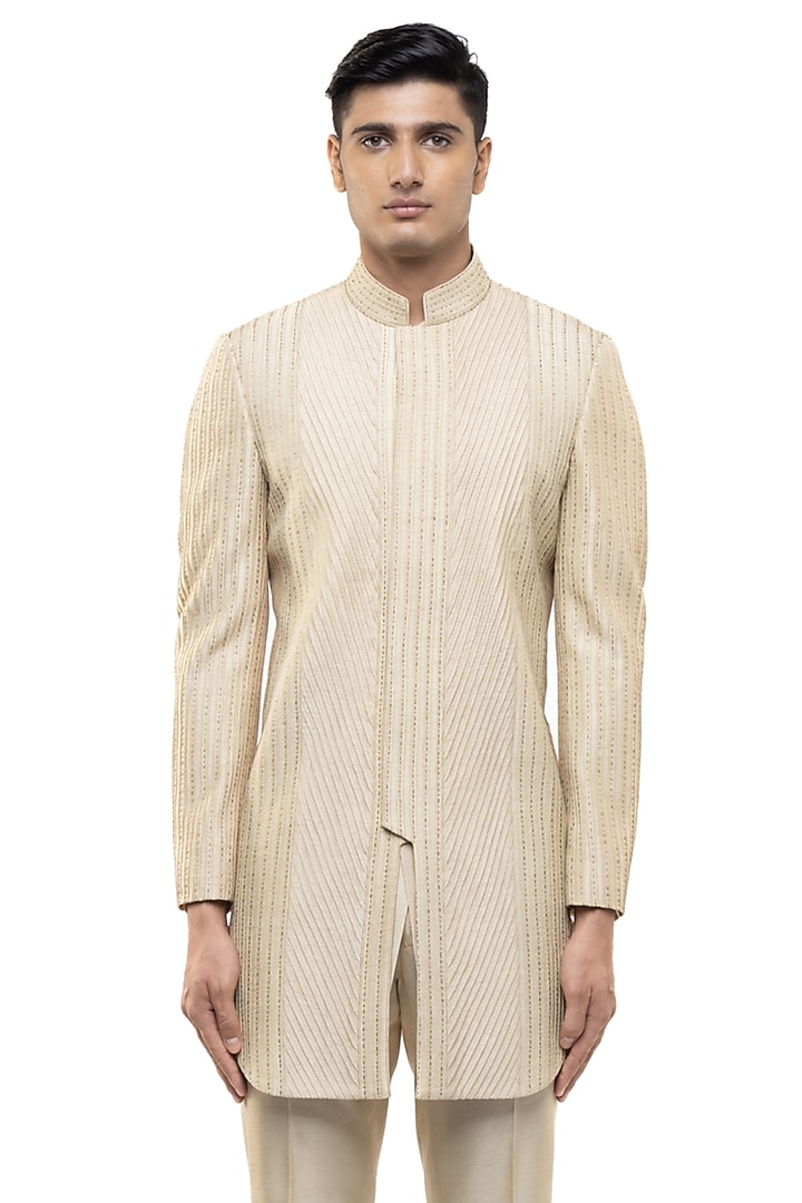 Beige Silk Embroidered Groom Sherwani Set by SDS by KUSHAL SHAH at Pernia's Pop Up Shop