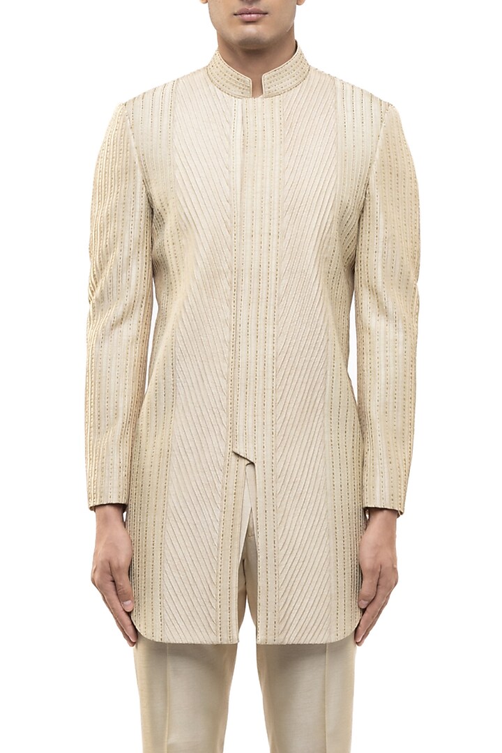 Beige Silk Embroidered Groom Sherwani Set by SDS by KUSHAL SHAH at Pernia's Pop Up Shop