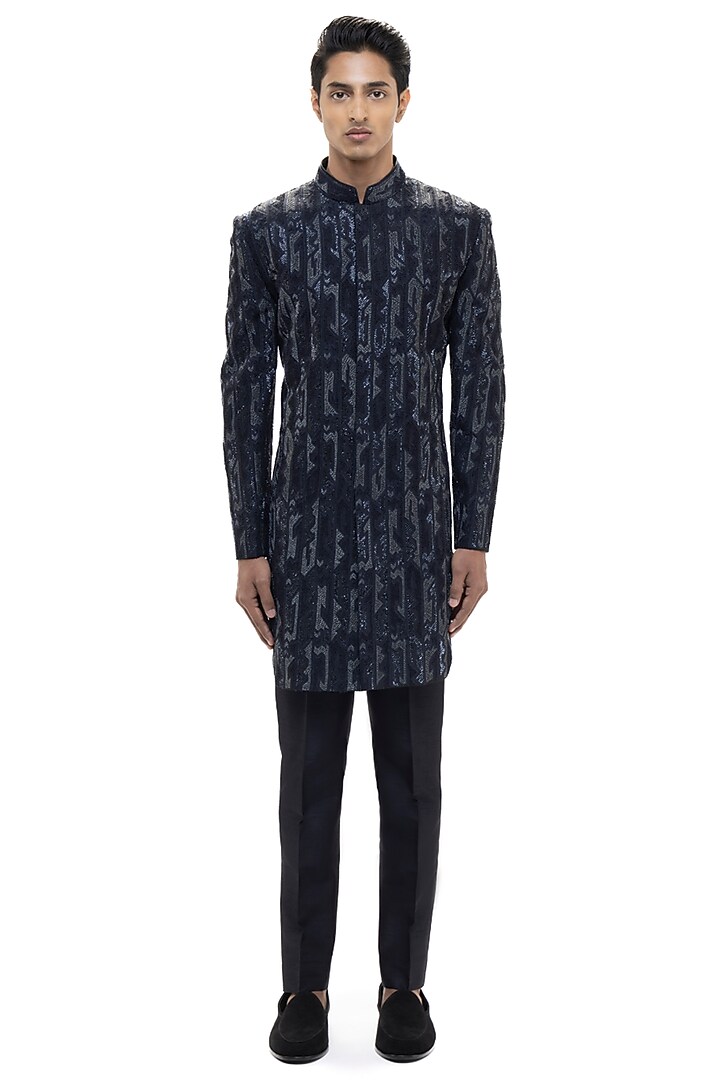 Navy Blue Silk Embroidered Groom Sherwani Set by SDS by KUSHAL SHAH at Pernia's Pop Up Shop