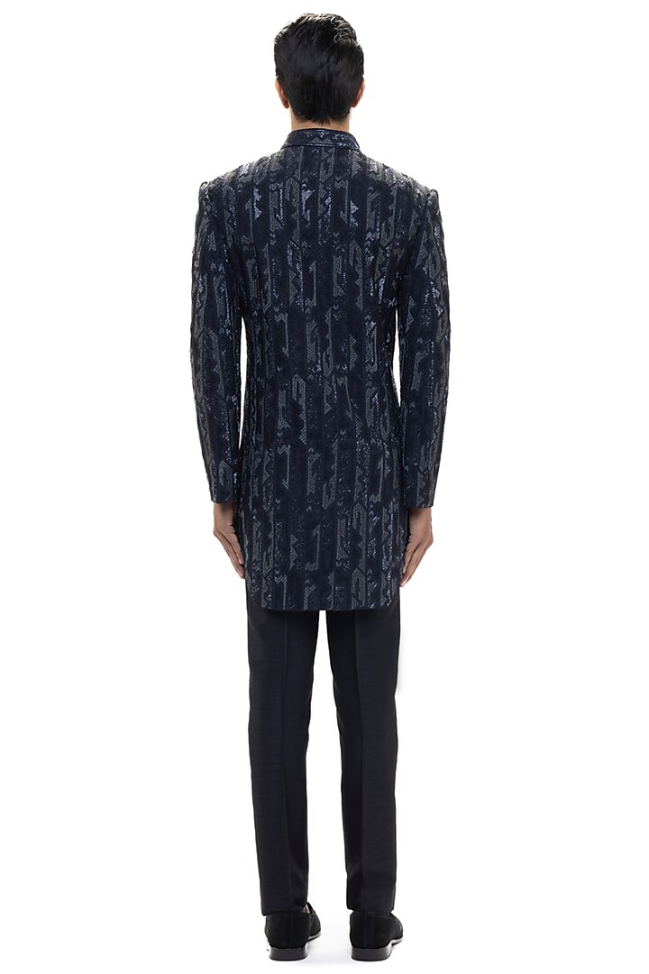 Navy Blue Silk Embroidered Groom Sherwani Set by SDS by KUSHAL SHAH at Pernia's Pop Up Shop