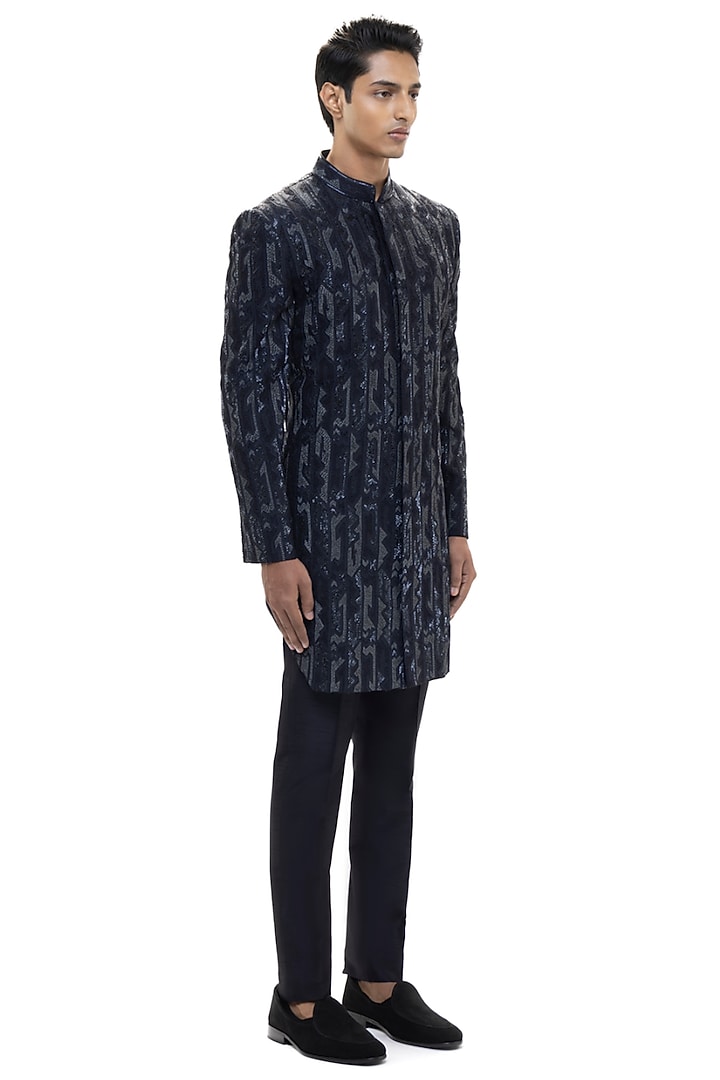 Navy Blue Silk Embroidered Groom Sherwani Set by SDS by KUSHAL SHAH at Pernia's Pop Up Shop