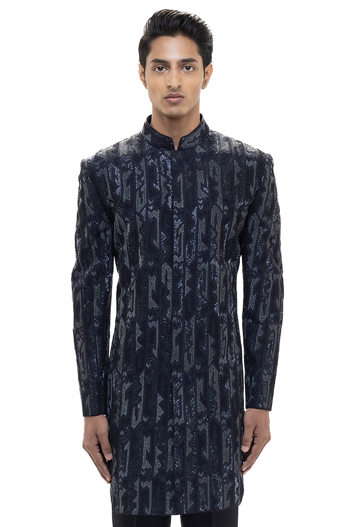 Navy Blue Silk Embroidered Groom Sherwani Set by SDS by KUSHAL SHAH at Pernia's Pop Up Shop
