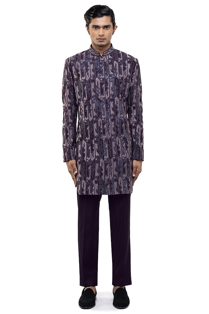 Purple Silk Thread Embroidered Groom Sherwani Set by SDS by KUSHAL SHAH at Pernia's Pop Up Shop