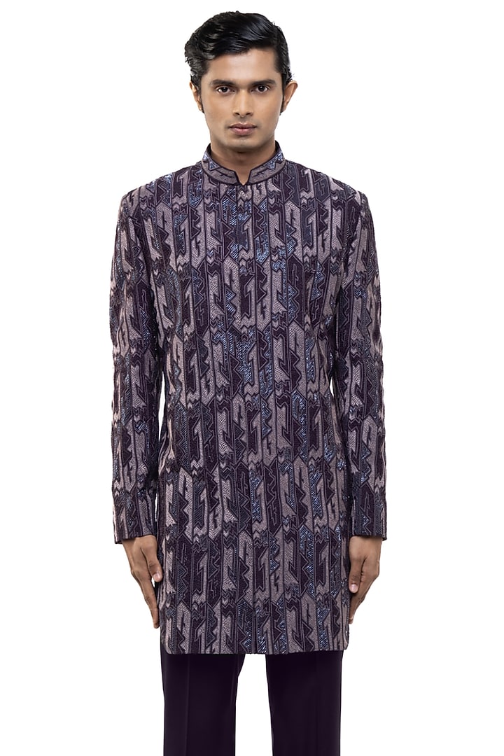 Purple Silk Thread Embroidered Groom Sherwani Set by SDS by KUSHAL SHAH at Pernia's Pop Up Shop