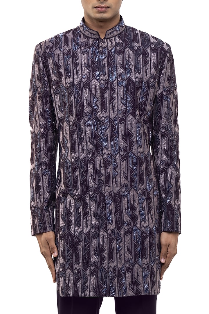 Purple Silk Thread Embroidered Groom Sherwani Set by SDS by KUSHAL SHAH at Pernia's Pop Up Shop