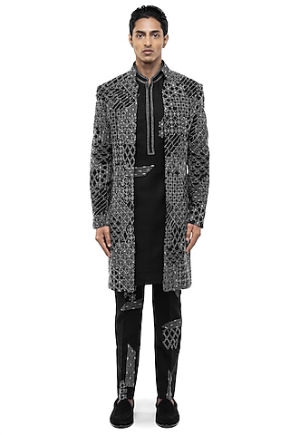 Black Linen Thread Embroidered Sherwani Set by SDS by KUSHAL SHAH