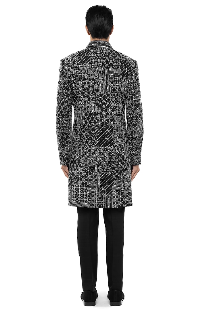 Black Linen Thread Embroidered Groom Sherwani Set by SDS by KUSHAL SHAH at Pernia's Pop Up Shop