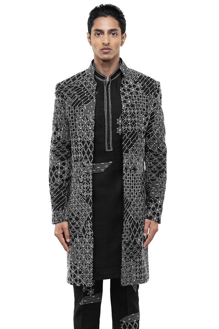 Black Linen Thread Embroidered Groom Sherwani Set by SDS by KUSHAL SHAH at Pernia's Pop Up Shop