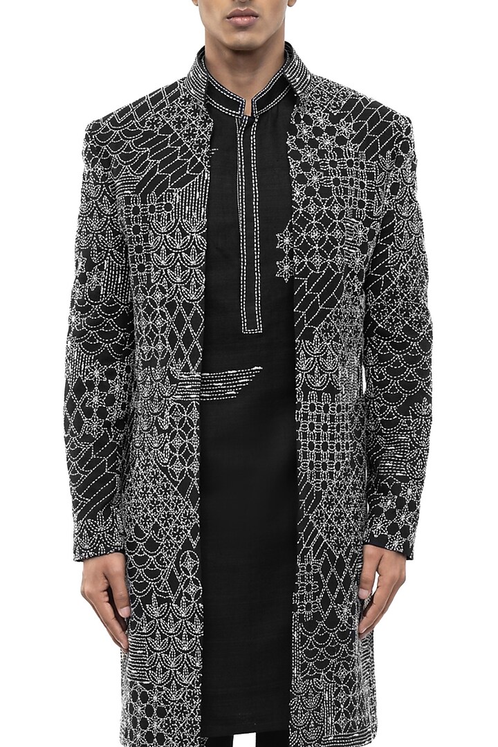 Black Linen Thread Embroidered Groom Sherwani Set by SDS by KUSHAL SHAH at Pernia's Pop Up Shop
