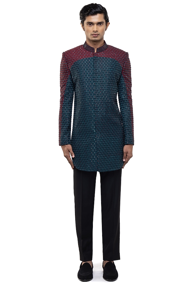 Teal Silk Embellished Groom Sherwani Set by SDS by KUSHAL SHAH at Pernia's Pop Up Shop