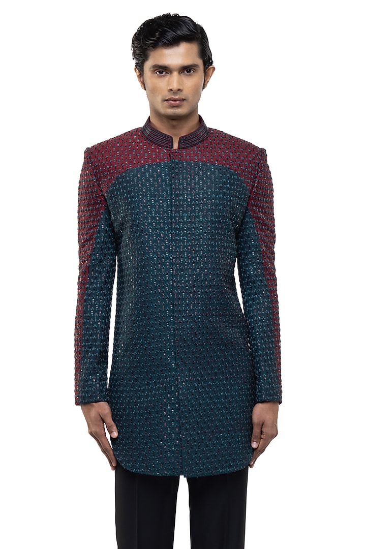 Teal Silk Embellished Groom Sherwani Set by SDS by KUSHAL SHAH at Pernia's Pop Up Shop